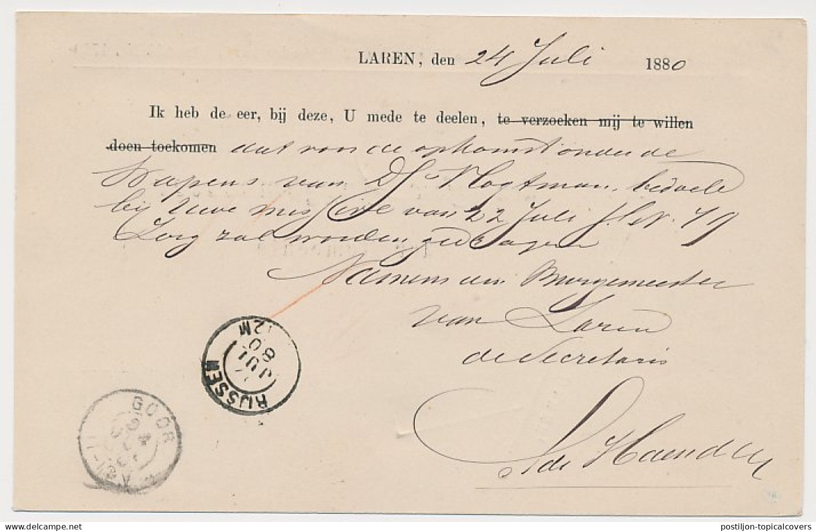 Laren Gld. - Trein Haltestempel Lochem 1880 - Covers & Documents