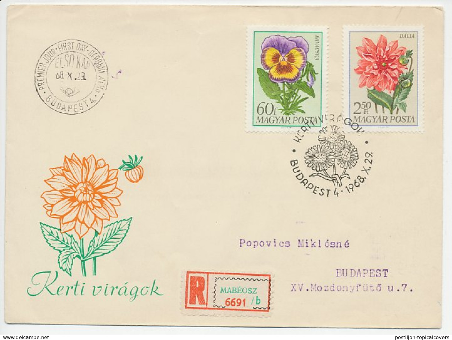 Registered Cover / Postmark Hungary 1968 Flower - Other & Unclassified