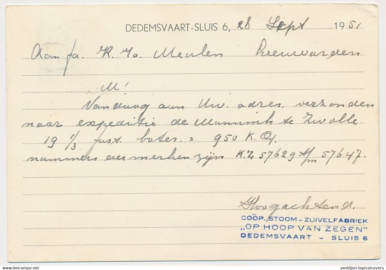 Firma Briefkaart Dedemsvaart Sluis 1960 - Melkproductenfabriek - Non Classés