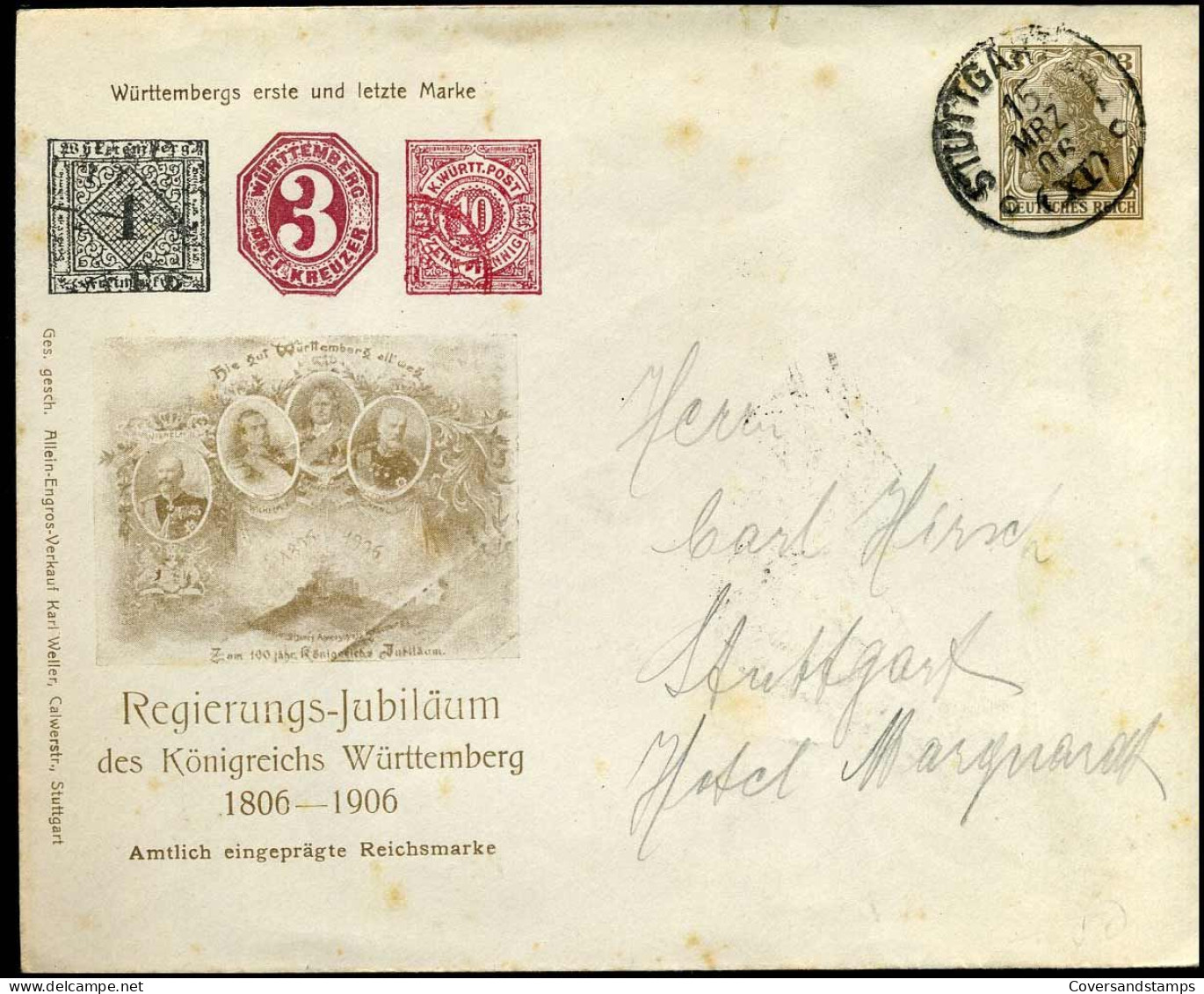 Cover To Stuttgart - "Regierungs-Jubiläum Der Königsreichs Württemberg 1806-1906" - Lettres & Documents