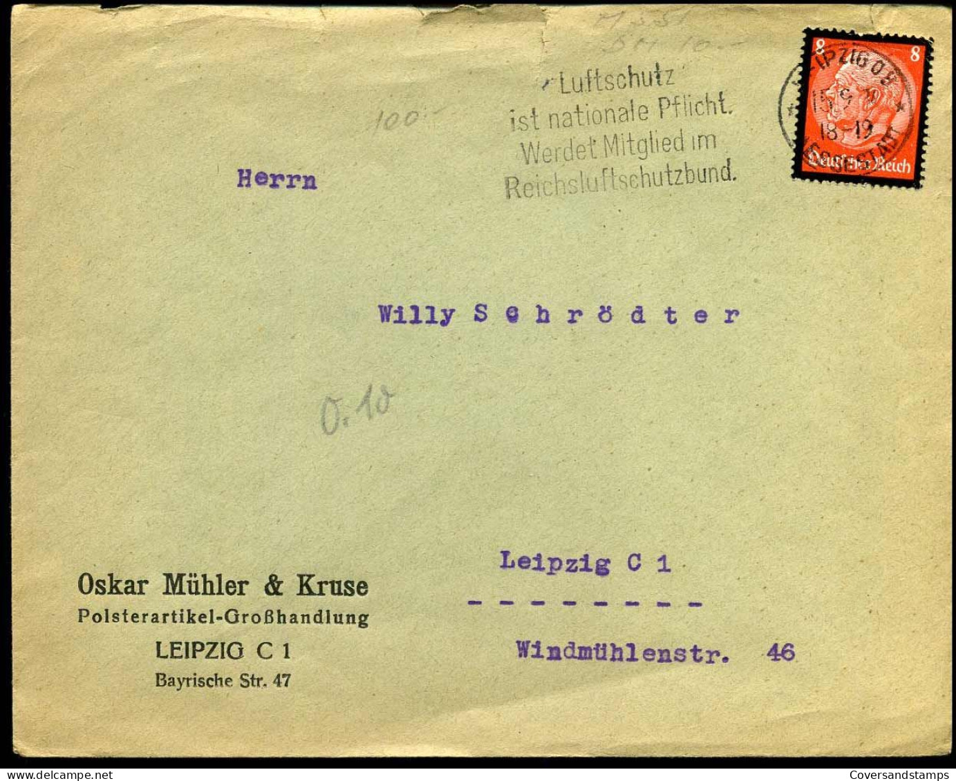 Cover To Leipzig - "Oskar Mühler & Kruse, Polsterartikel-Grosshandlung, Leipzig" - Lettres & Documents
