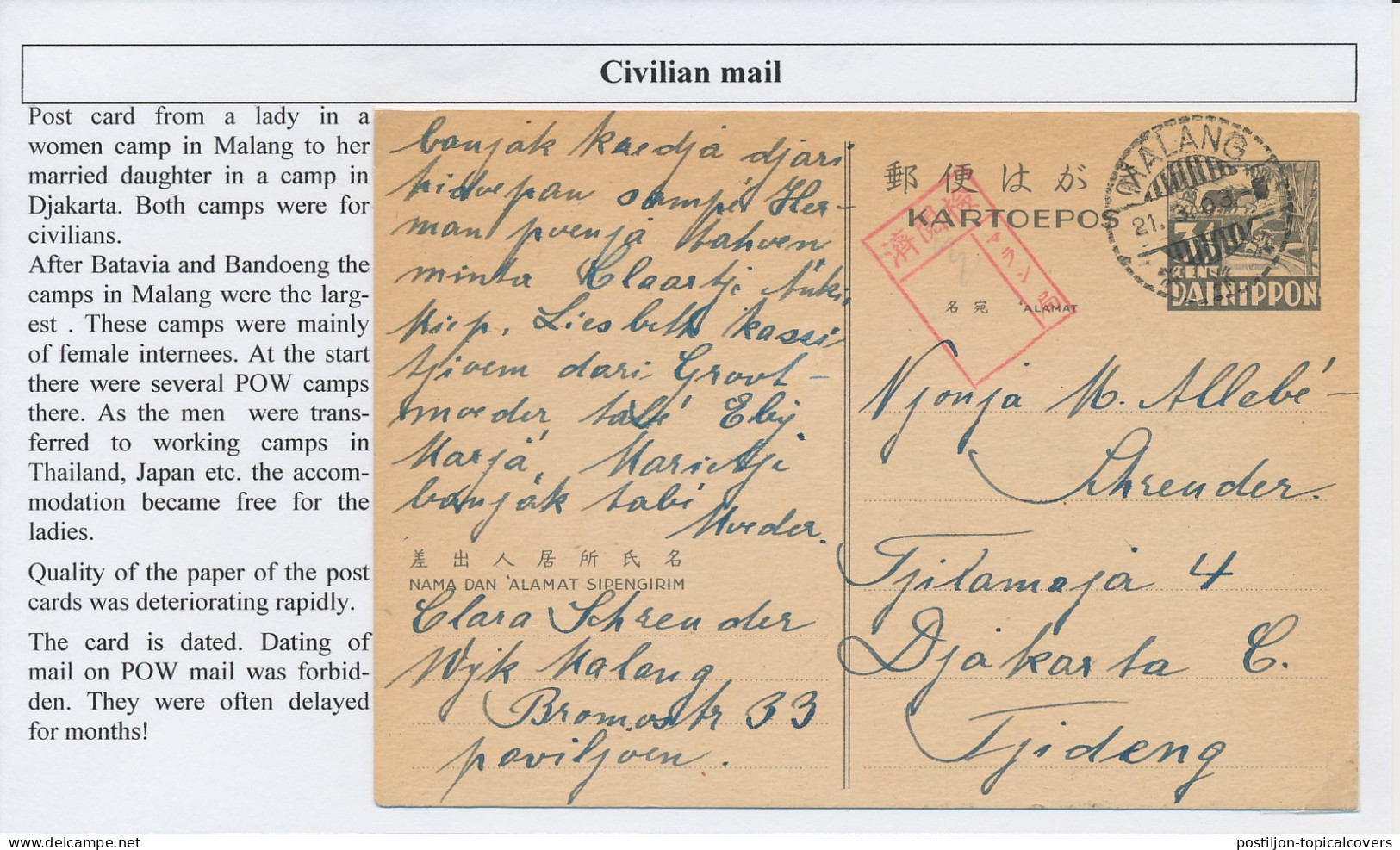 Censored Card Camp Malang - Camp Djakarta Neth. Indies 1943 - Indes Néerlandaises