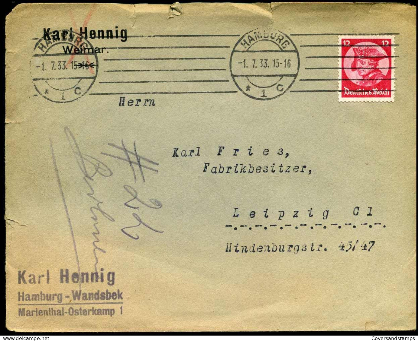 Cover To Leipzig - "Karl Hennig, Weimar" - Covers & Documents