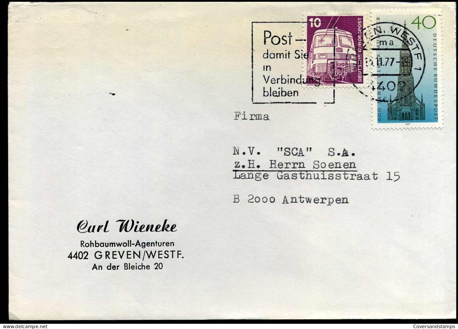 Cover To Antwerp, Belgium - "Carl Wieneke Rohbaumwoll-Agenturen, Greven" - Briefe U. Dokumente