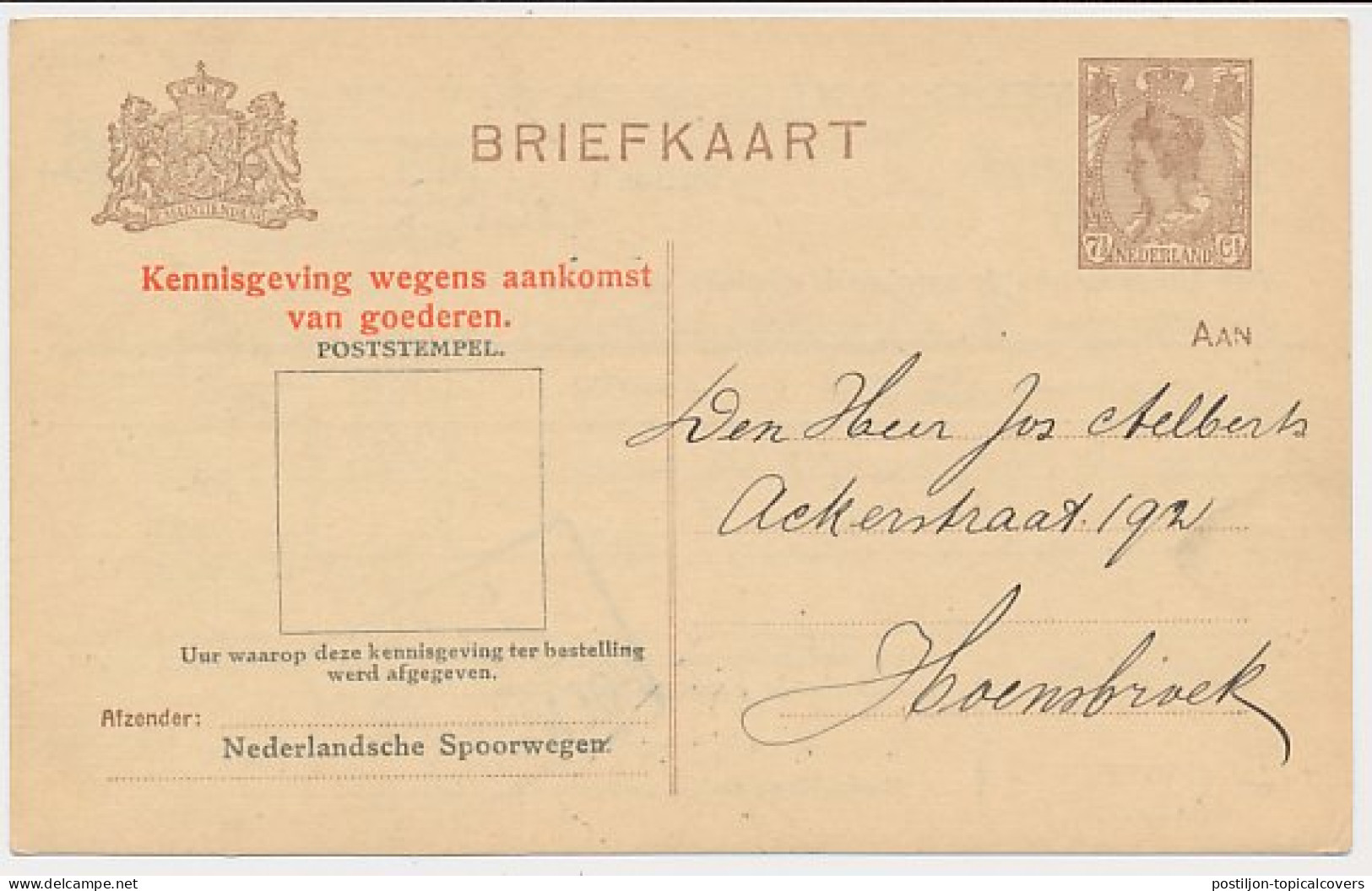 Spoorwegbriefkaart G. NS122-I D - Locaal Te Hoensbroek 1921 - Postal Stationery