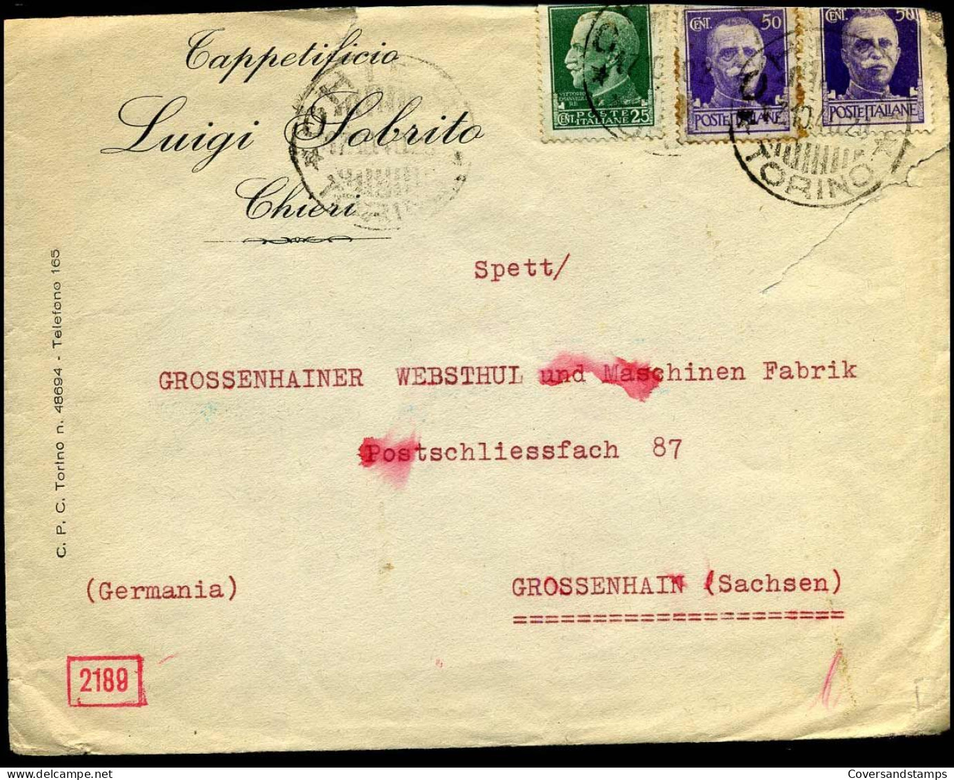 Cover To Grossenhain, Germany - "Tappetificio Luigi Sobrito Chieri" - Geöffnet Obercommando Der Wehrmacht - Marcophilia