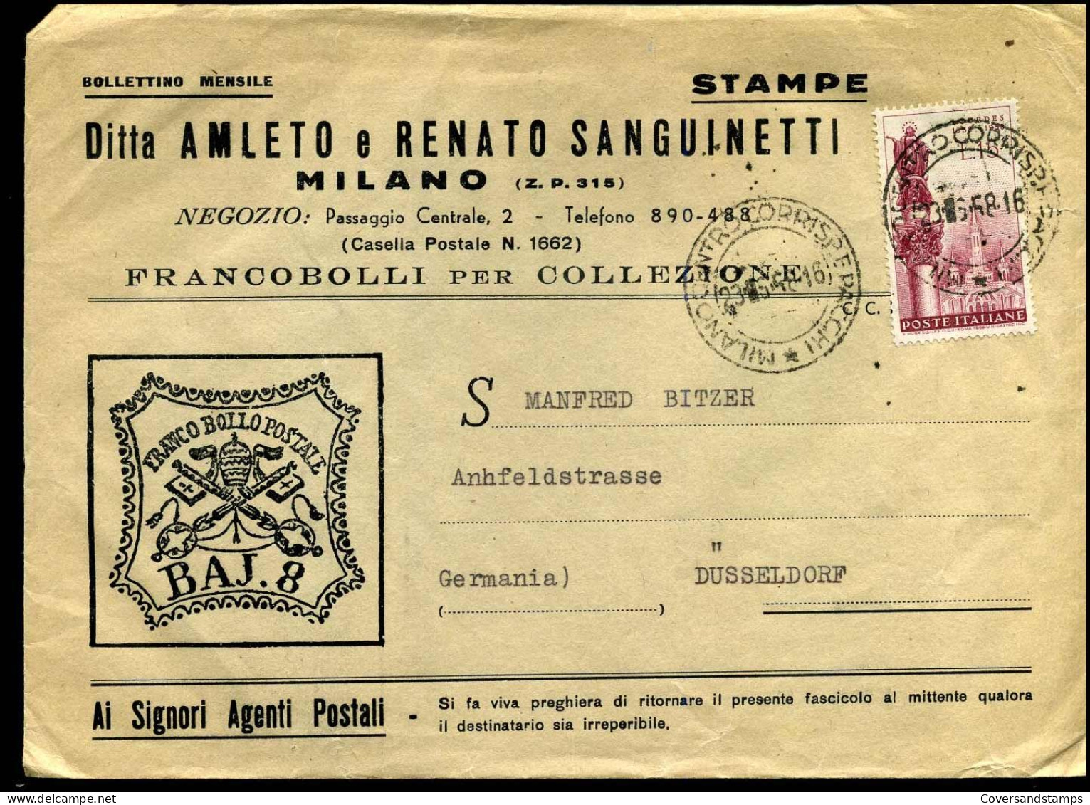 Cover To Düsseldorf, Germany - "Ditta Amloeto E Renato Sanguinetti, Milano" - 1946-60: Marcophilia