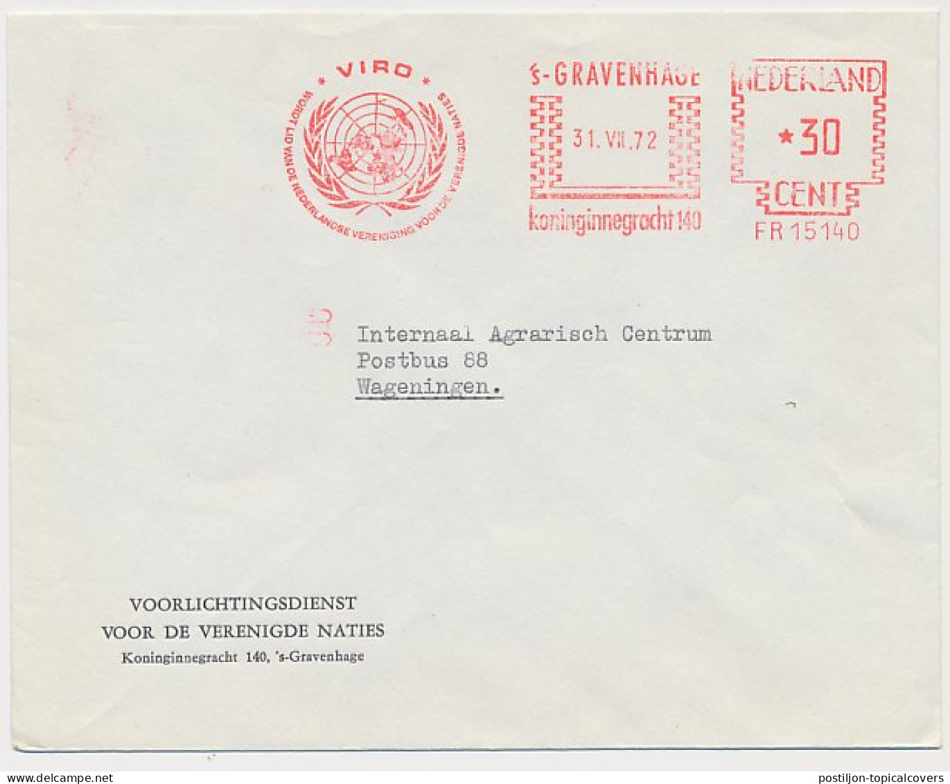 Meter Cover Netherlands 1972 VIRO - Dutch Association For The United Nations - ONU