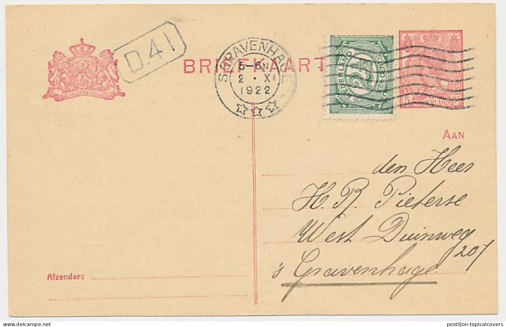 Briefkaart G. DW103-I-d - Duinwaterleiding S-Gravenhage 1922 - Postal Stationery