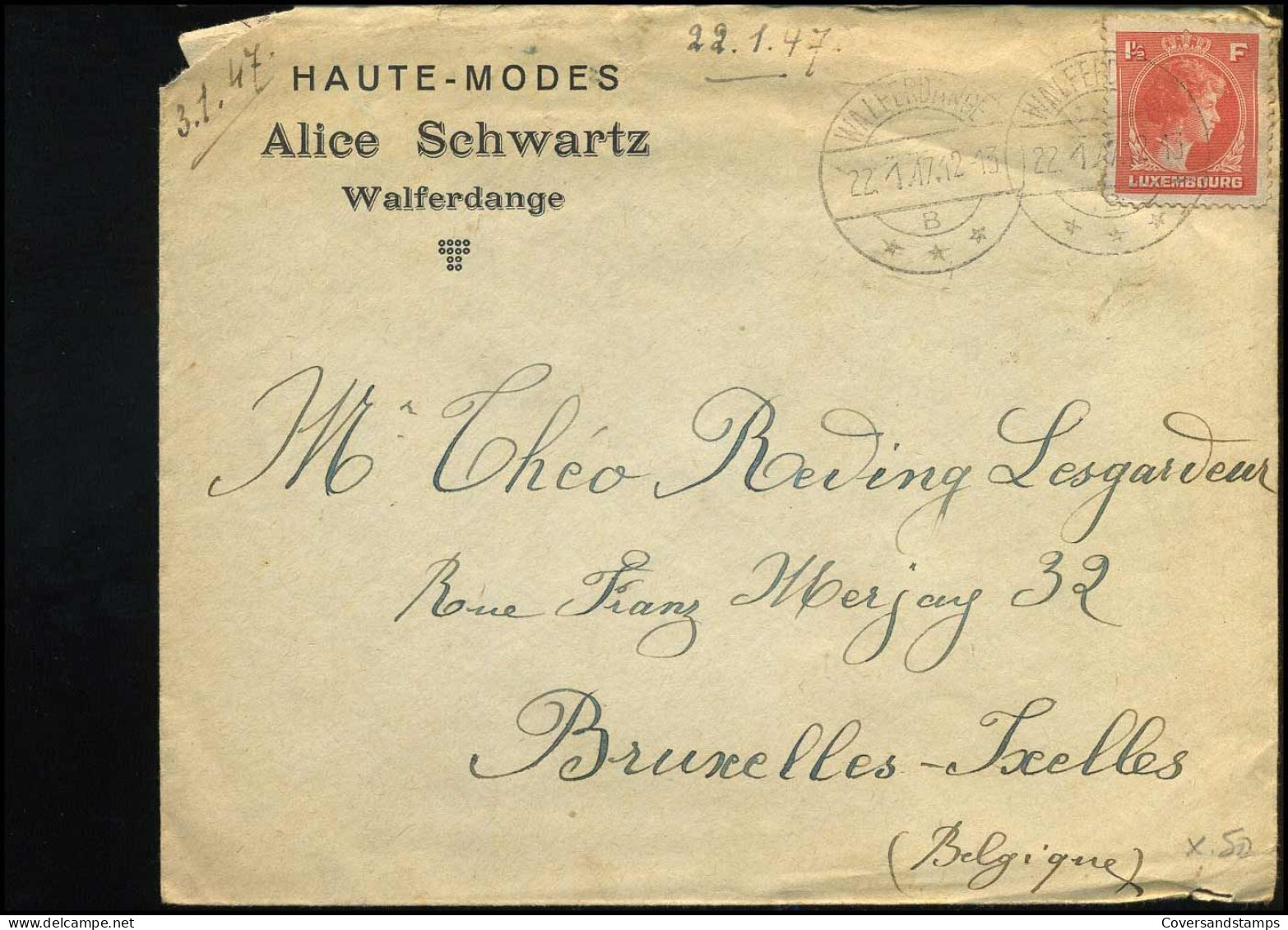 Cover To Bruxelles, Belgium - "Haute-Modes Alice Schwartz, Walferdange" - Briefe U. Dokumente