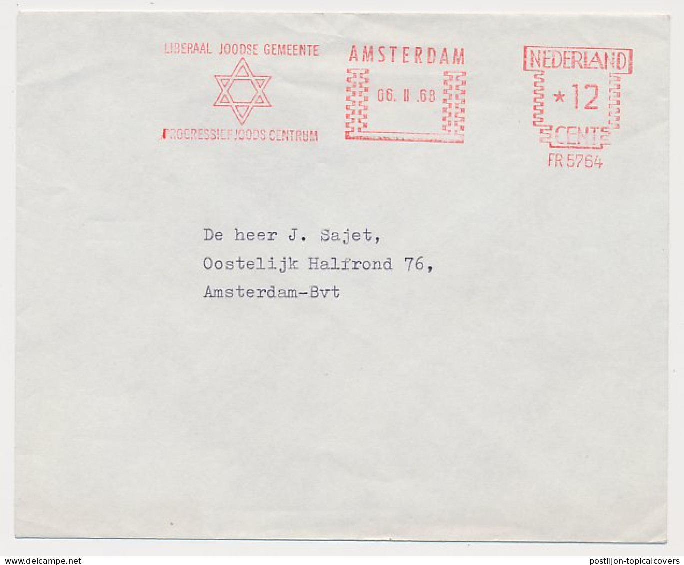 Meter Cover Netherlands 1968 Liberal Jewish Congregation - Amsterdam - Non Classés