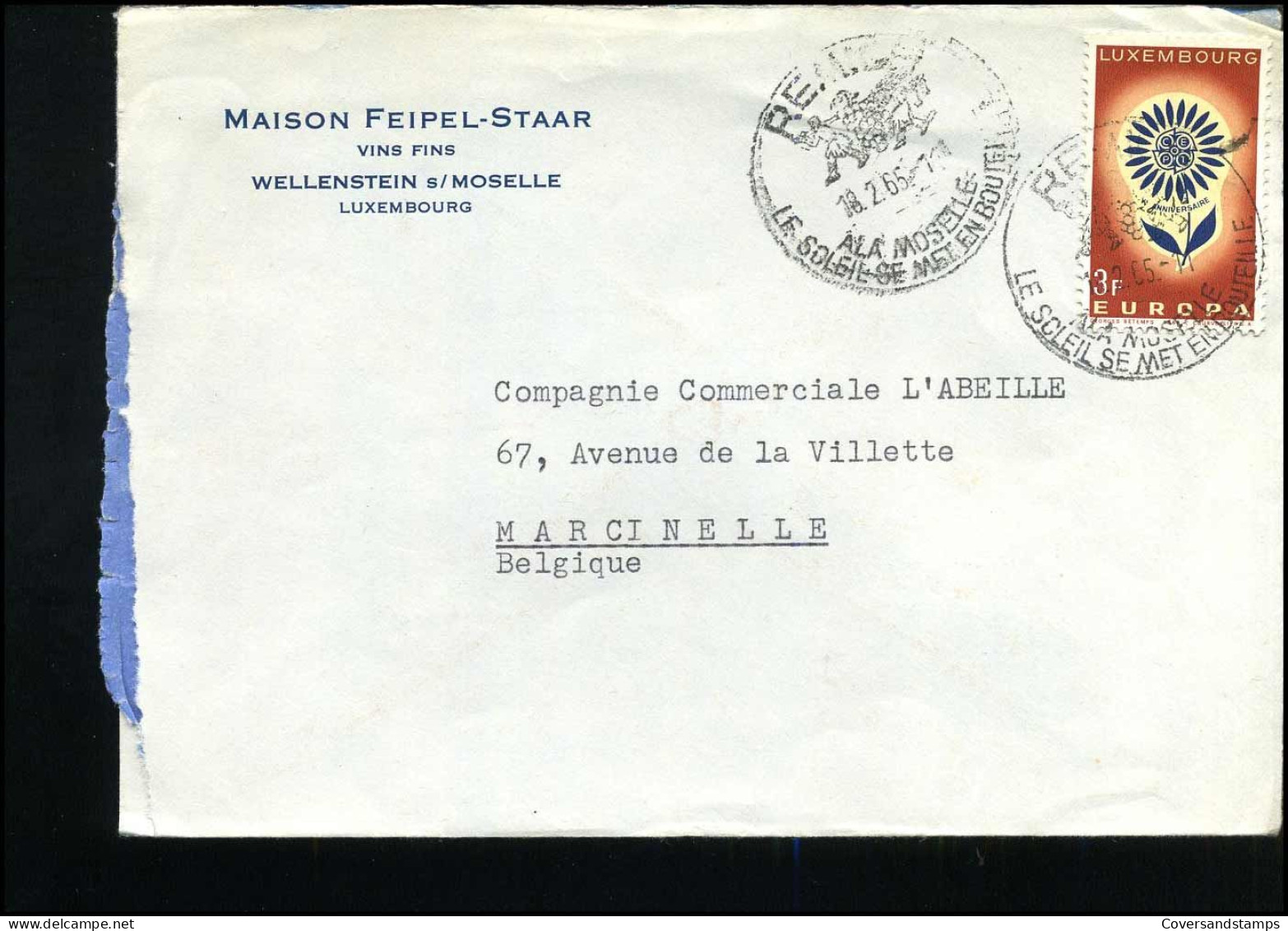 Cover To Marcinelle, Belgium - "Maison Feipel-Staar, Vins Fins, Wellenstein Sur Moselle"" - Covers & Documents