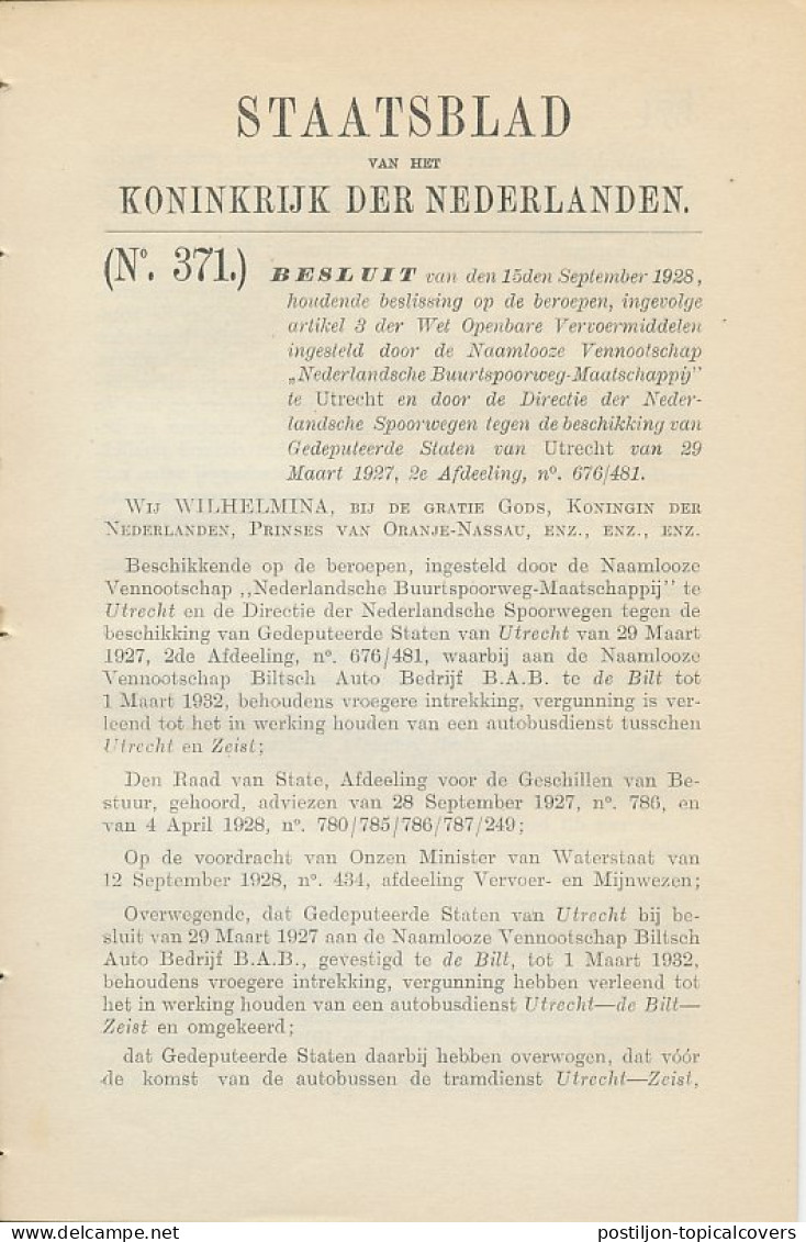 Staatsblad 1928 : Autobusdienst Utrecht - Zeist  - Historical Documents
