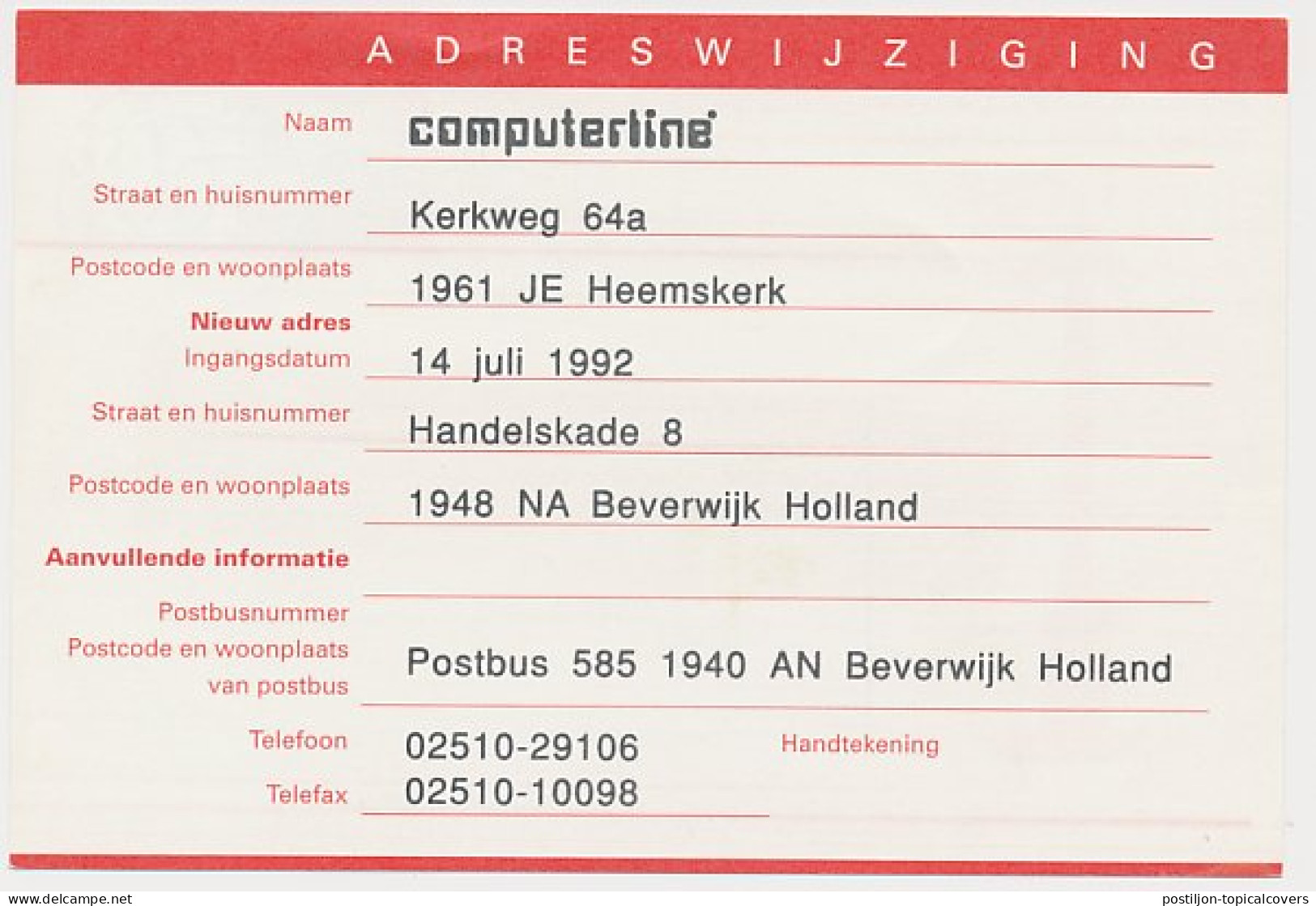 Verhuiskaart G. 55 Particulier Bedrukt Heemskerk 1992 - Postal Stationery
