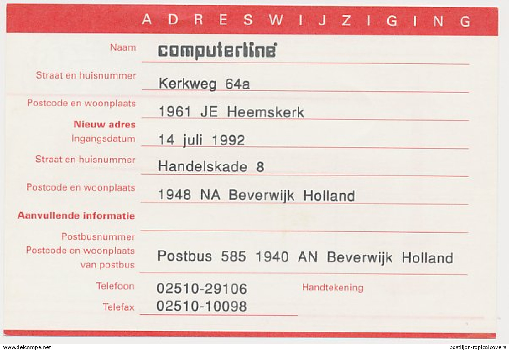 Verhuiskaart G. 55 Particulier Bedrukt Heemskerk 1992 - Entiers Postaux