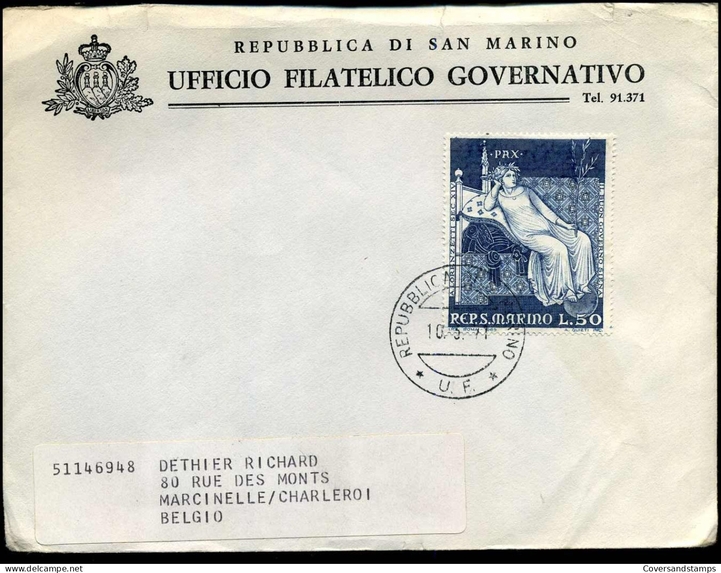 Cover To Marcinelle, Belgium - "Republlica Di San Marino - Ufficio Filatelico Governativo" - Brieven En Documenten
