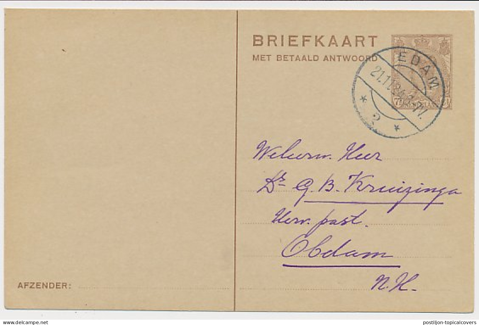 Briefkaart G. 195 V-krt. Edam - Obdam 1924 - Postal Stationery
