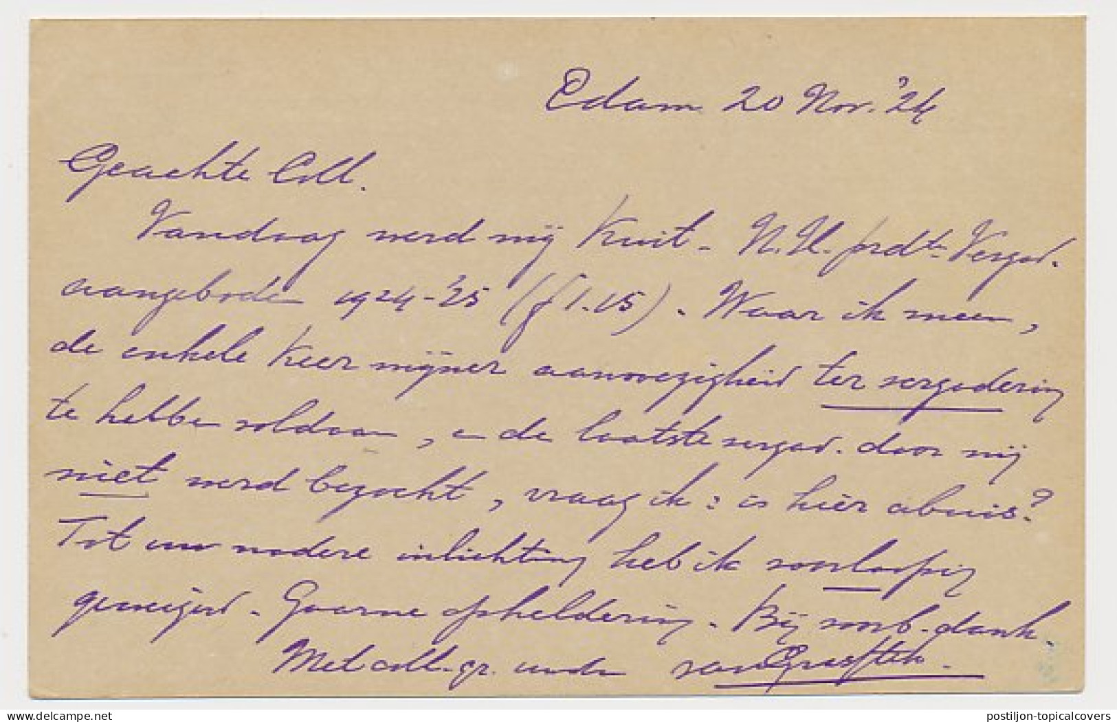 Briefkaart G. 195 V-krt. Edam - Obdam 1924 - Postal Stationery