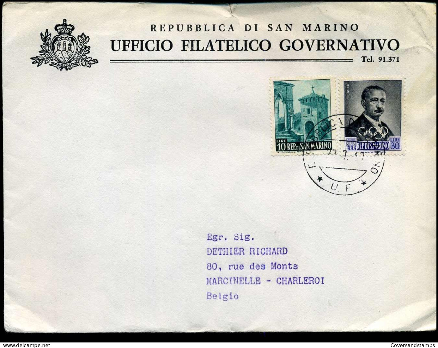 Cover To Marcinelle, Belgium - "Republlica Di San Marino - Ufficio Filatelico Governativo" - Brieven En Documenten