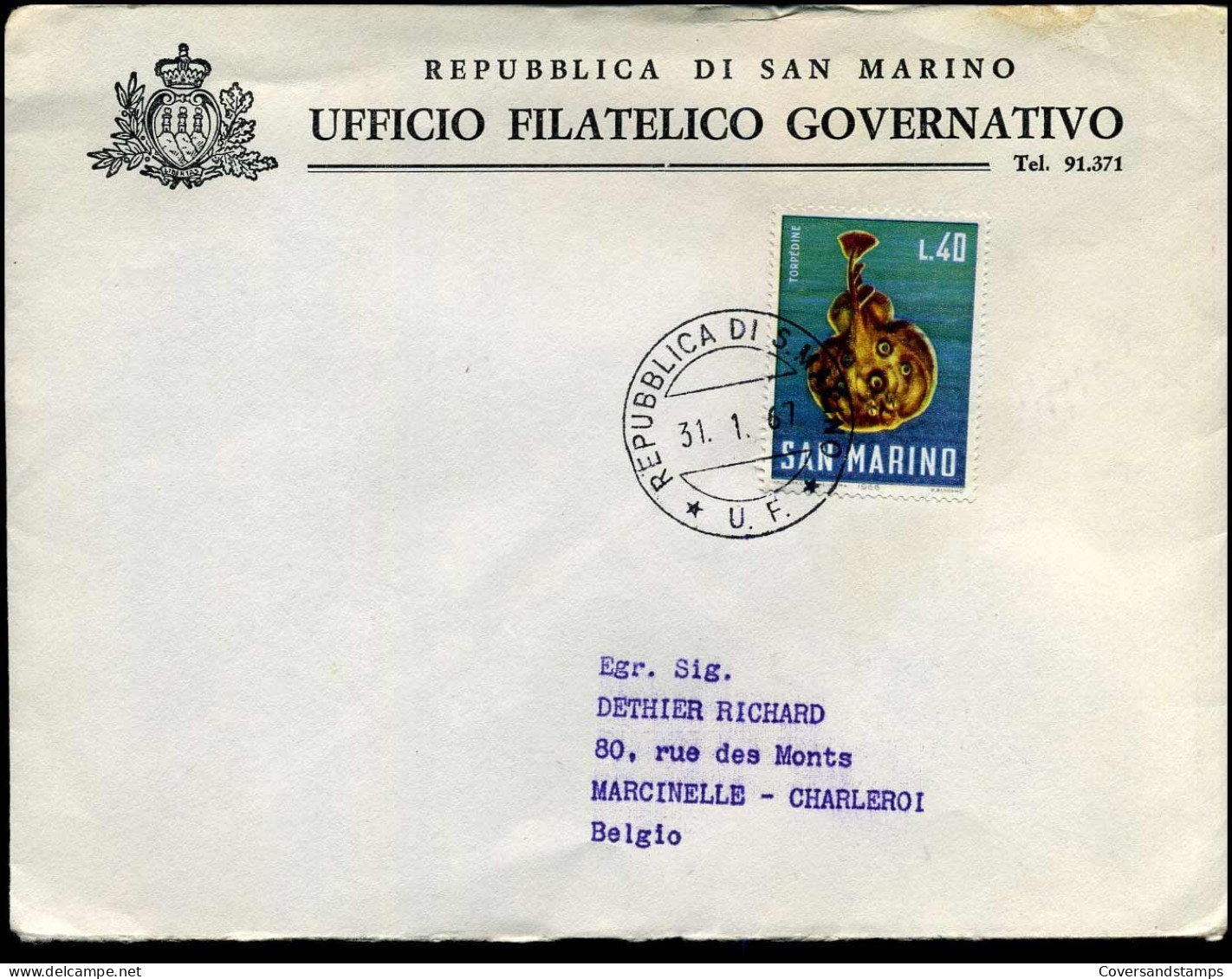 Cover To Marcinelle, Belgium - "Republlica Di San Marino - Ufficio Filatelico Governativo" - Lettres & Documents