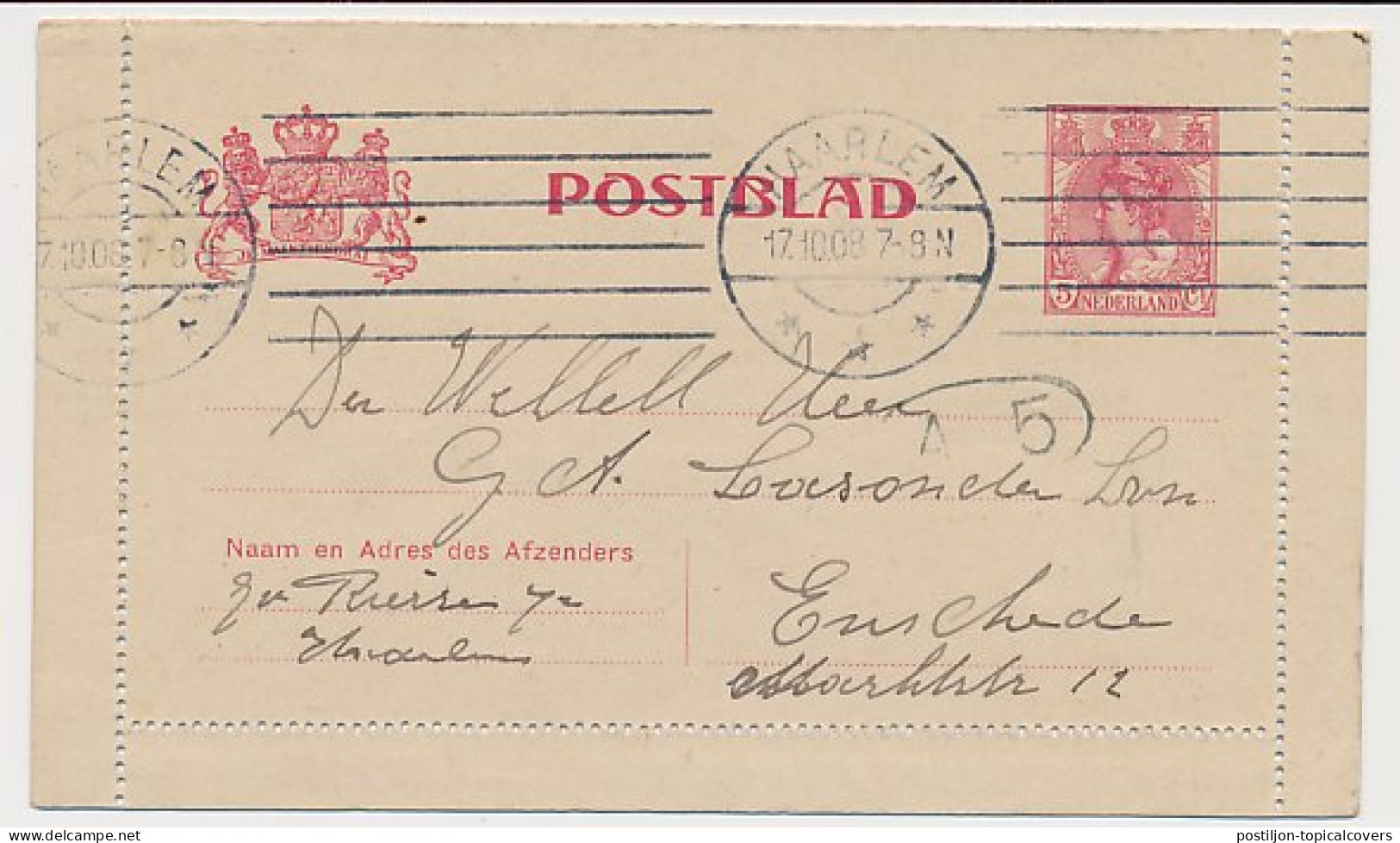 Postblad G. 12 Haarlem - Enschede 1908 - Entiers Postaux