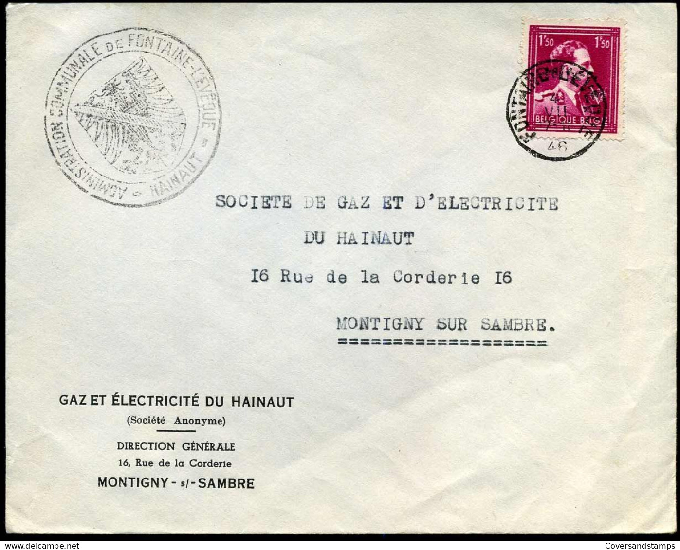 Cover Naar Montigny-sur-Sambre - "Gaz Et électricité Du Hainaut, Direction Générale, Montigny-sur-Sambre" - 1936-1957 Offener Kragen