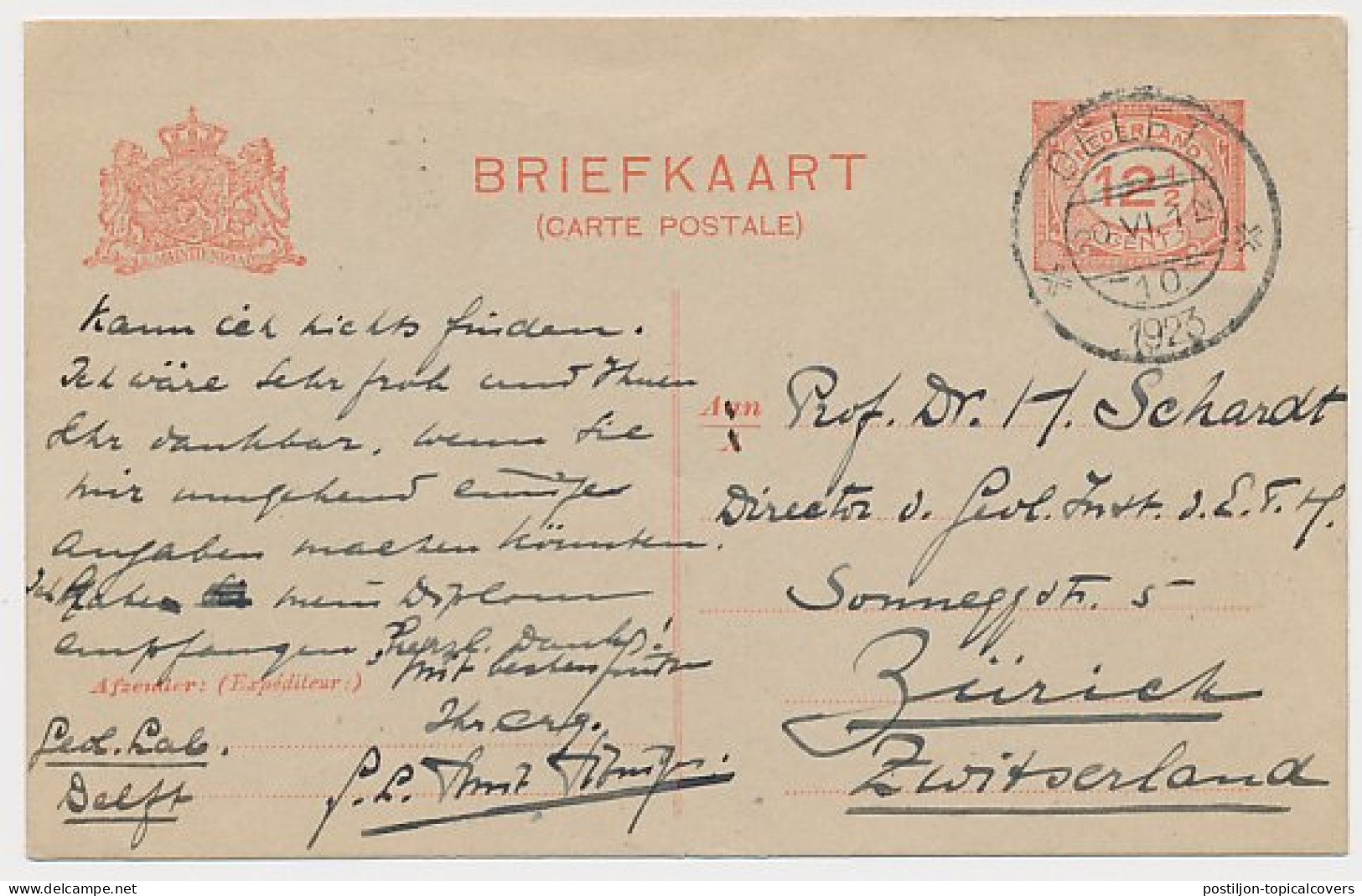 Briefkaart G. 193 Z-1 Delft - Zwitserland 1923 - Postal Stationery