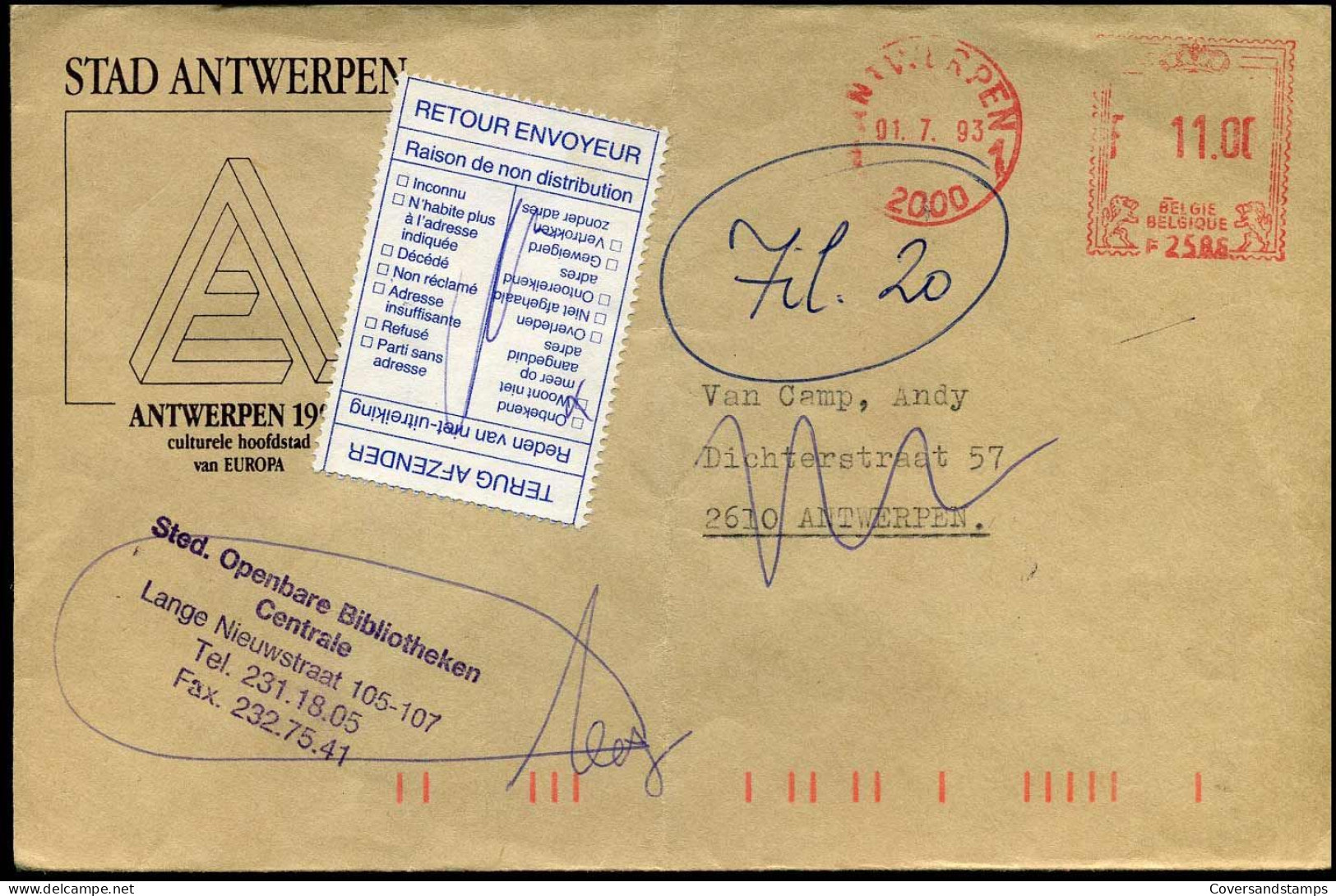 Cover Naar Antwerpen - "Stad Antwerpen, STed. Openbare Bibliotheken Centrale" - Terug Aan Afzender - 1980-99