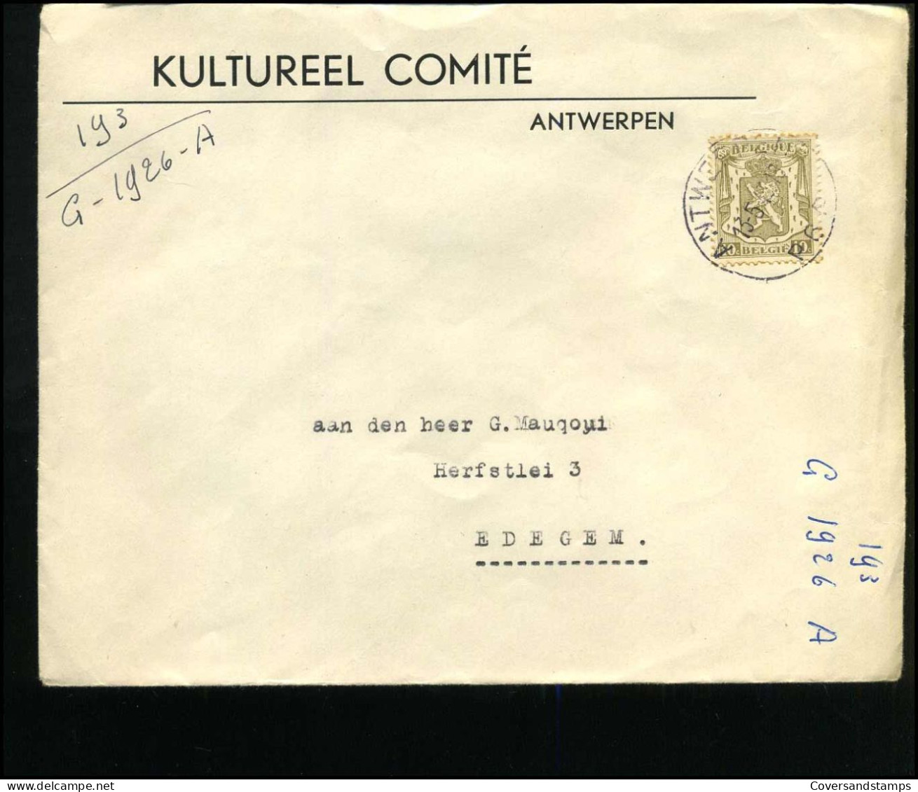 Cover Naar Edegem - "Kultureel Comité, Antwerpen" - 1935-1949 Small Seal Of The State