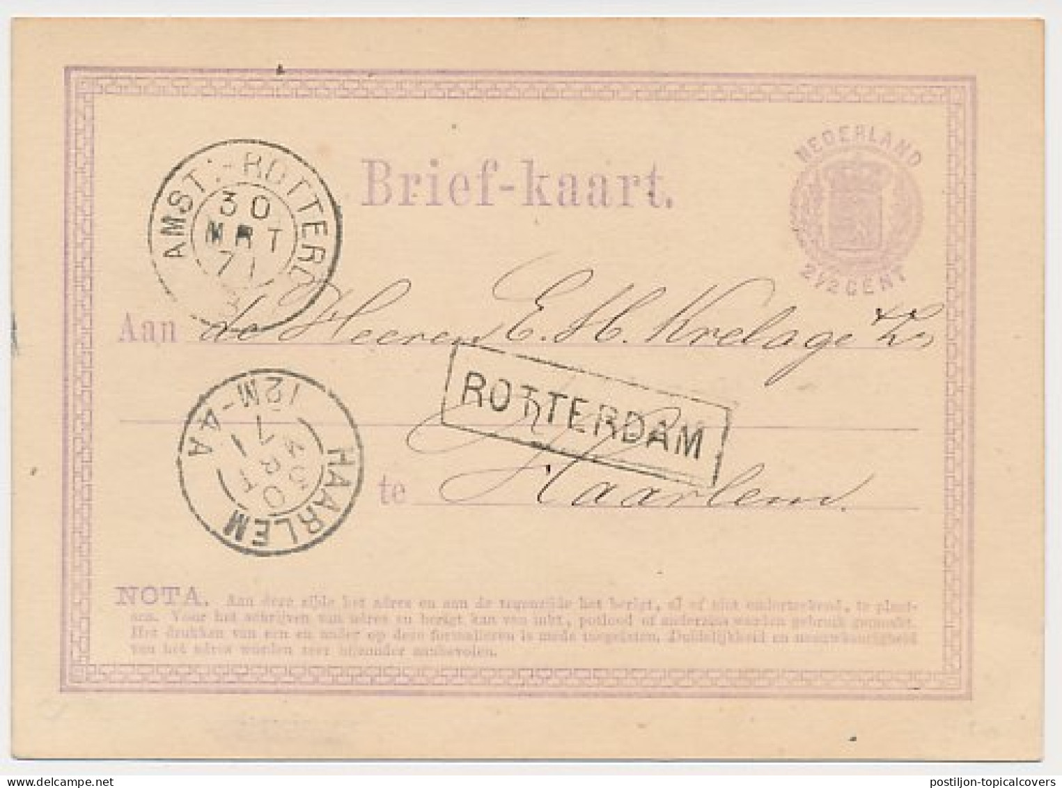 Trein Haltestempel Rotterdam 1871 - Briefe U. Dokumente