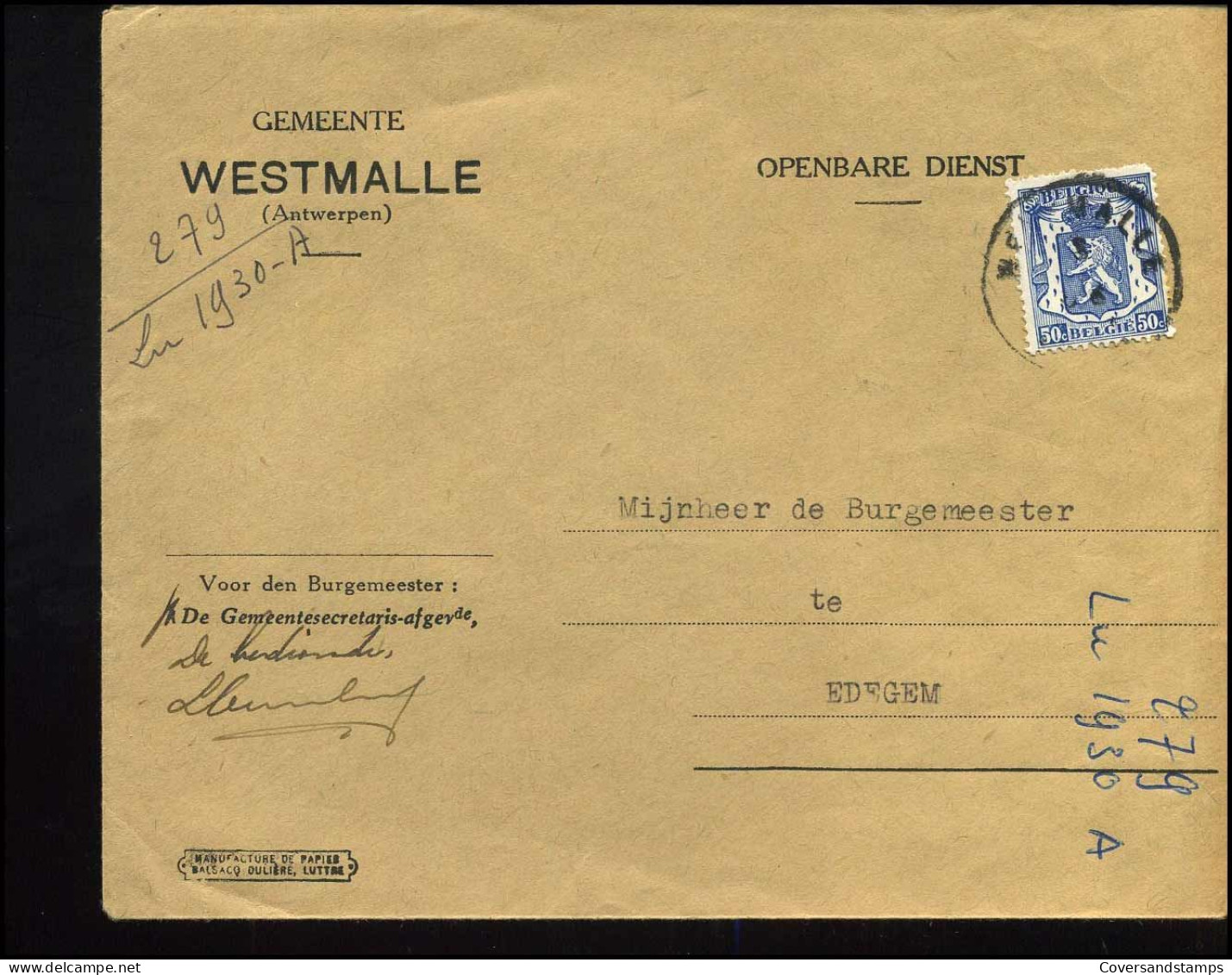 Cover Naar Edegem - "Gemeente Westmalle" - 1935-1949 Petit Sceau De L'Etat