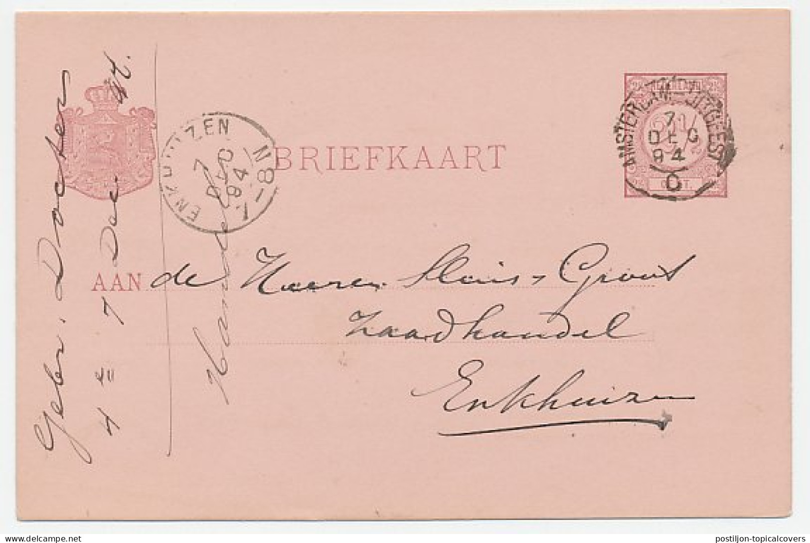 Trein Kleinrondstempel : Amsterdam - Uitgeest C 1894 - Briefe U. Dokumente