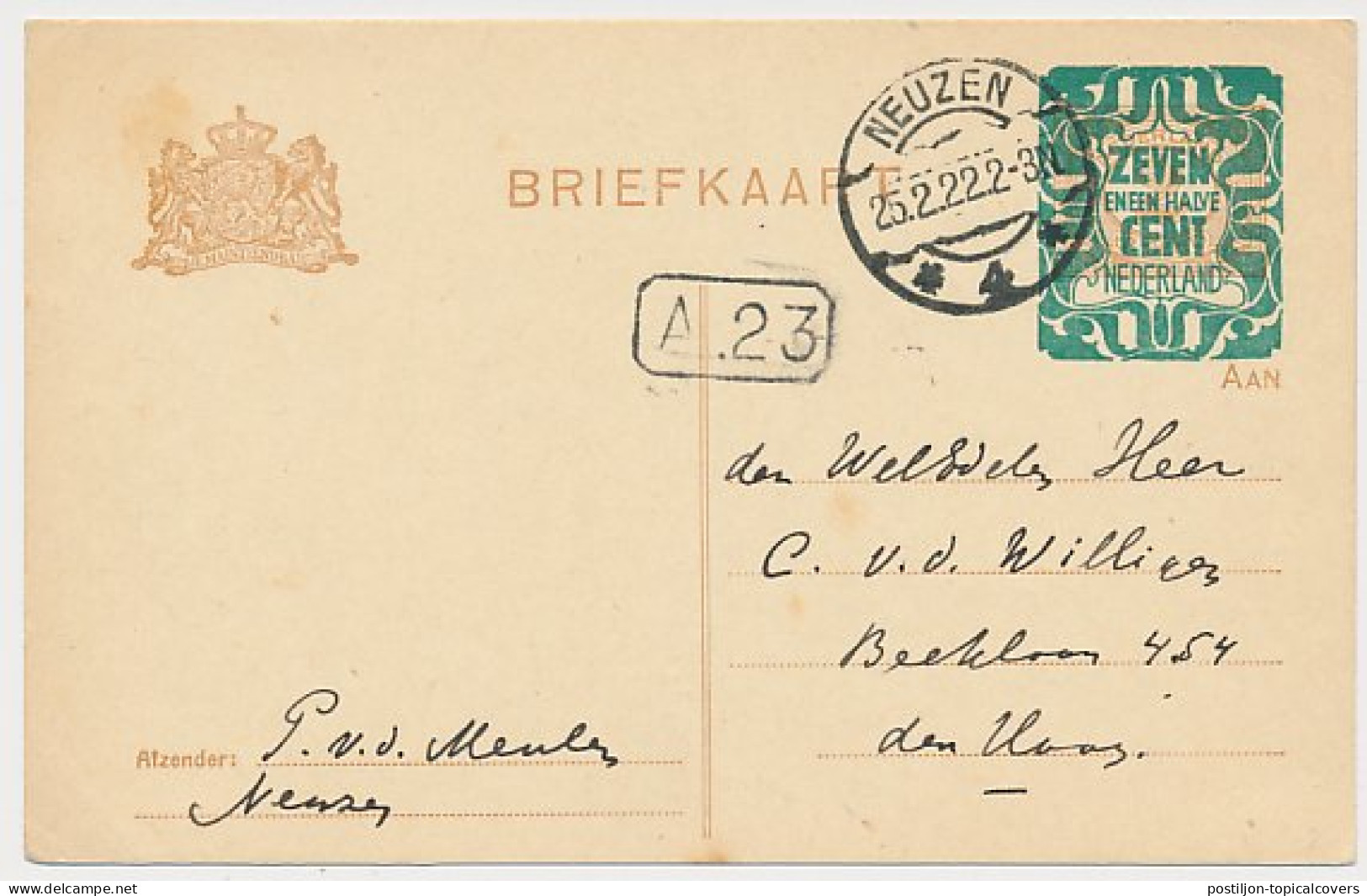 Briefkaart G. 166 Neuzen - Den Haag 1922 - Entiers Postaux