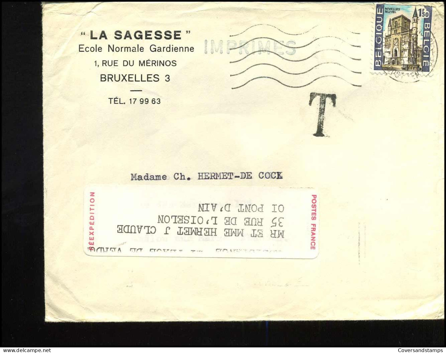 Cover Naar Pont D'Ain, France - "La Sagesse, école Normale Gardienne, Bruxelles" -- Strafport - Lettres & Documents