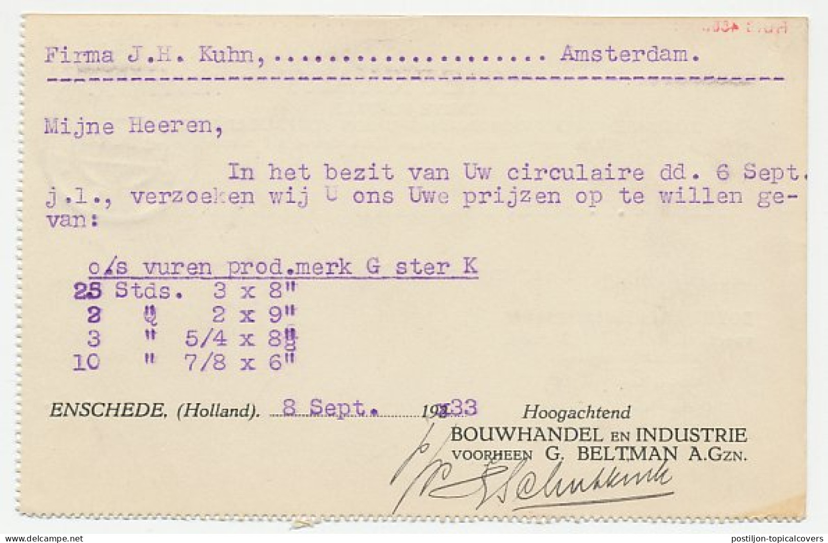 Firma Briefkaart Enschede 1933 - Bouwhandel - Non Classés