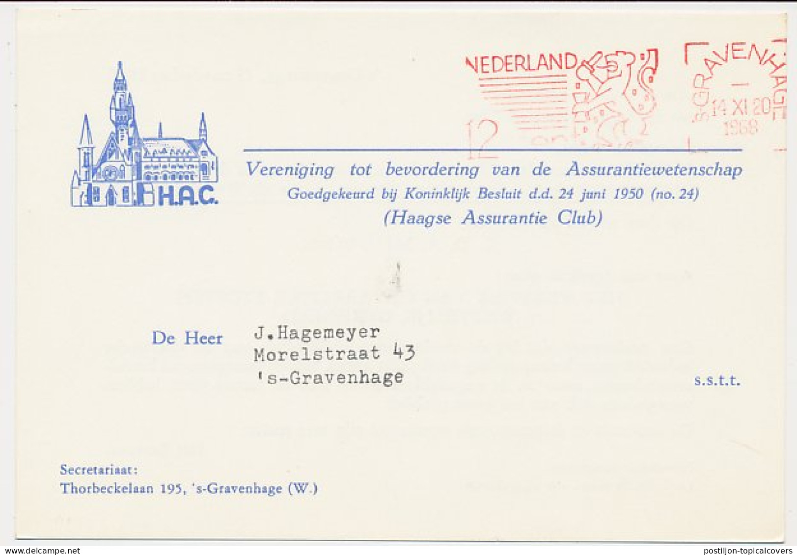 Briefkaart S Gravenhage 1968 - H.A.C - Assurantie - Unclassified