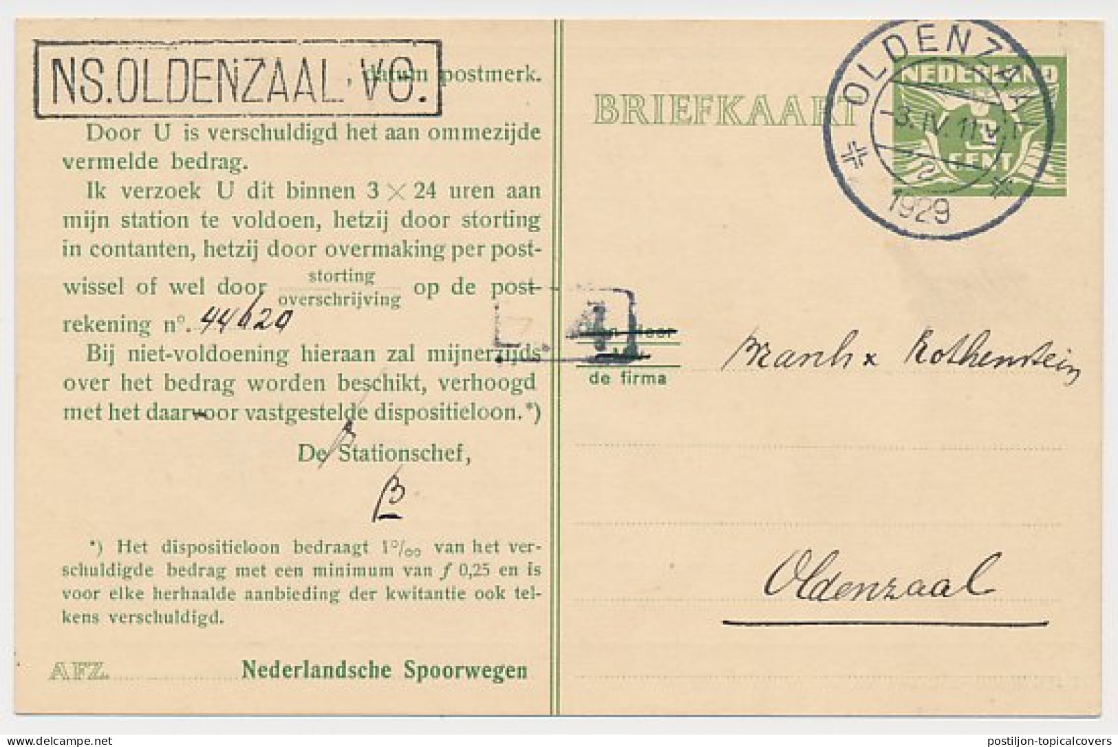 Spoorwegbriefkaart G. NS222 W - Locaal Te Oldenzaal 1929 - Postal Stationery