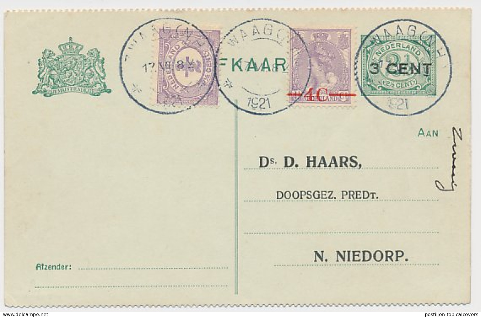 Briefkaart G. 96 B I Particulier Bedrukt Zwaag - N. Niedorp 1921 - Postal Stationery