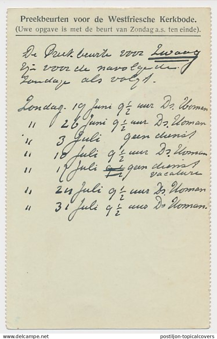 Briefkaart G. 96 B I Particulier Bedrukt Zwaag - N. Niedorp 1921 - Ganzsachen