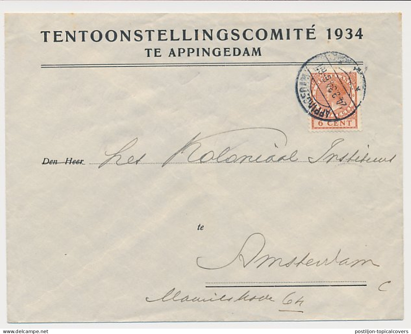 Envelop Appingedam 1934 - Tentoonstellingscomite - Non Classés