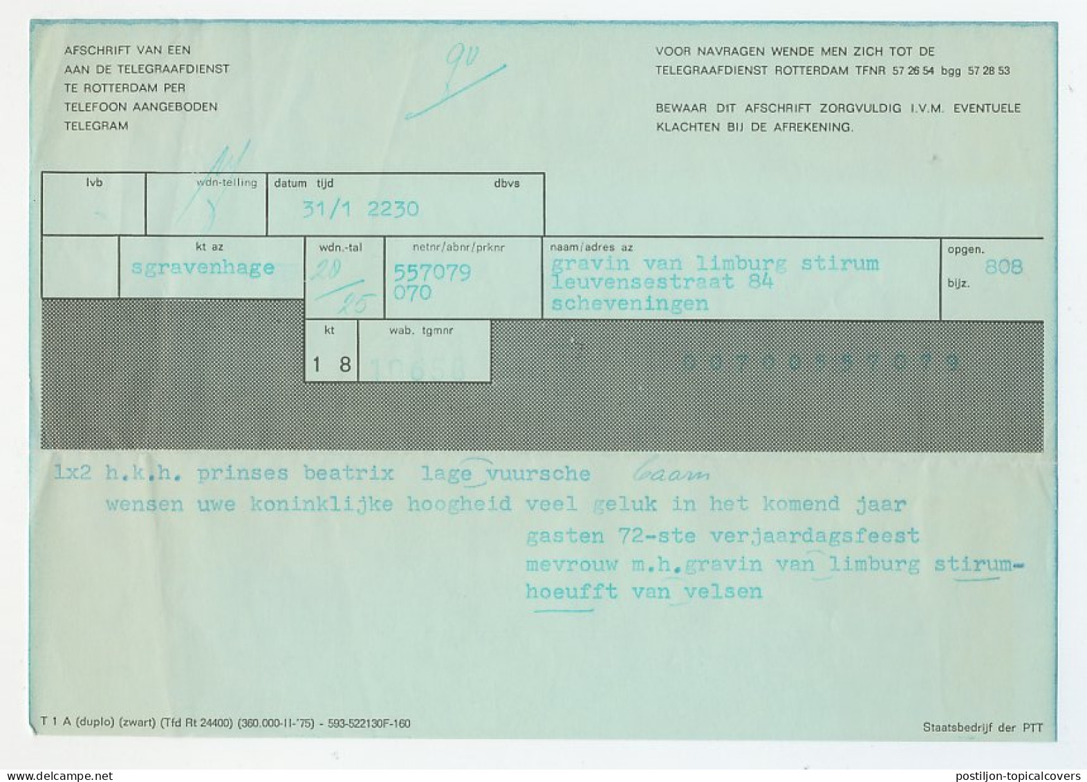 Afschrift Van Per Telefoon Aangeboden Telegram Rotterdam - Unclassified