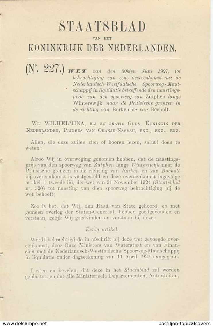 Staatsblad 1927 : Spoorlijn Zutphen - Winterswijk - Bocholt - Historical Documents