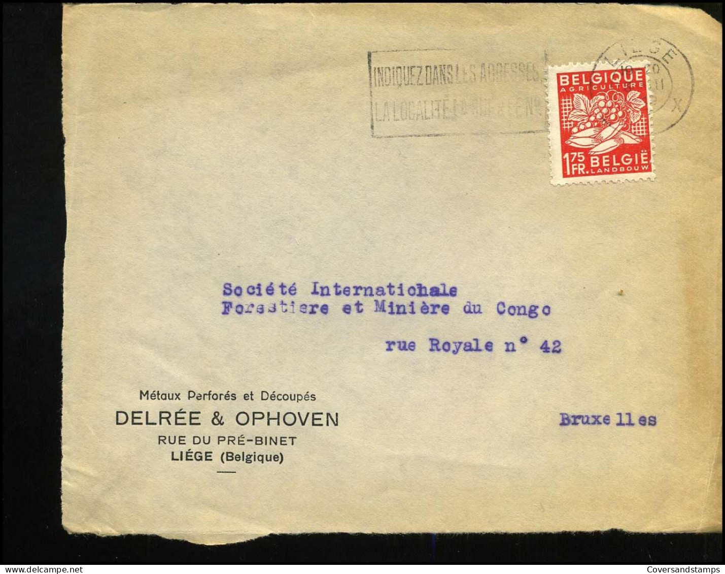 Coverfront Naar Bruxelles - "Métaux Perforés Et Découpés Delrée & Ophoven, Liège" - 1948 Export