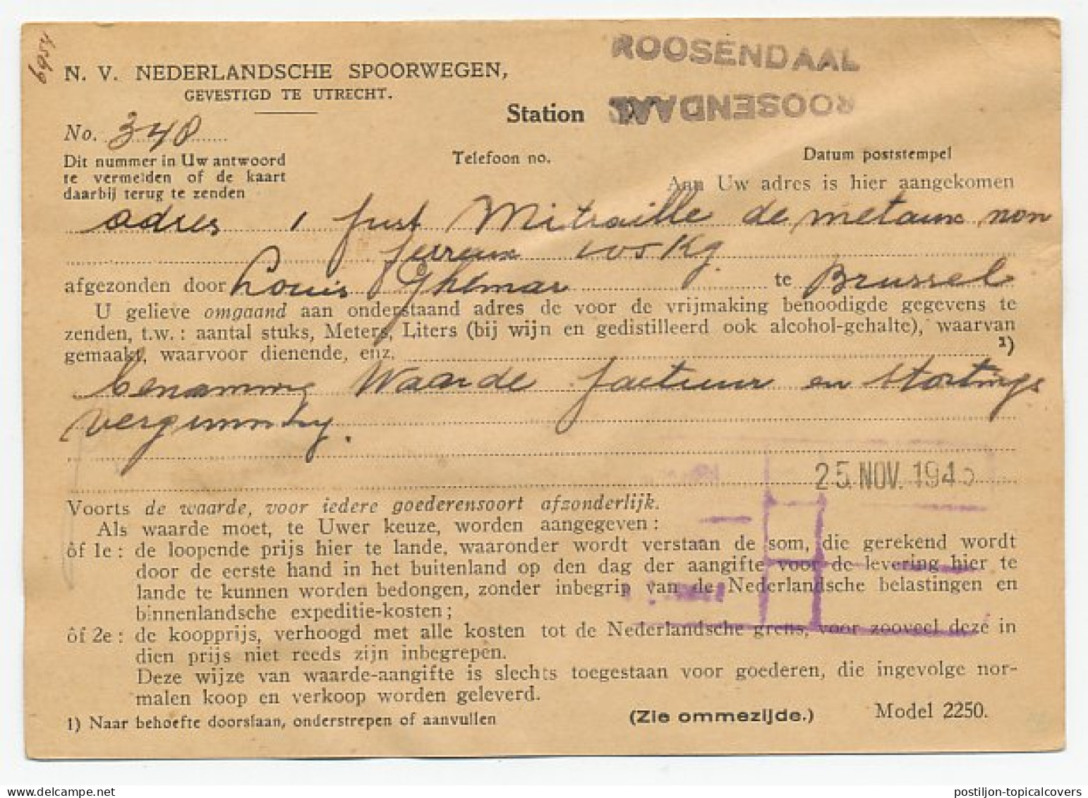 Kennisgeving Ned. Spoorwegen Roosendaal - Geertruidenberg 1943 - Unclassified