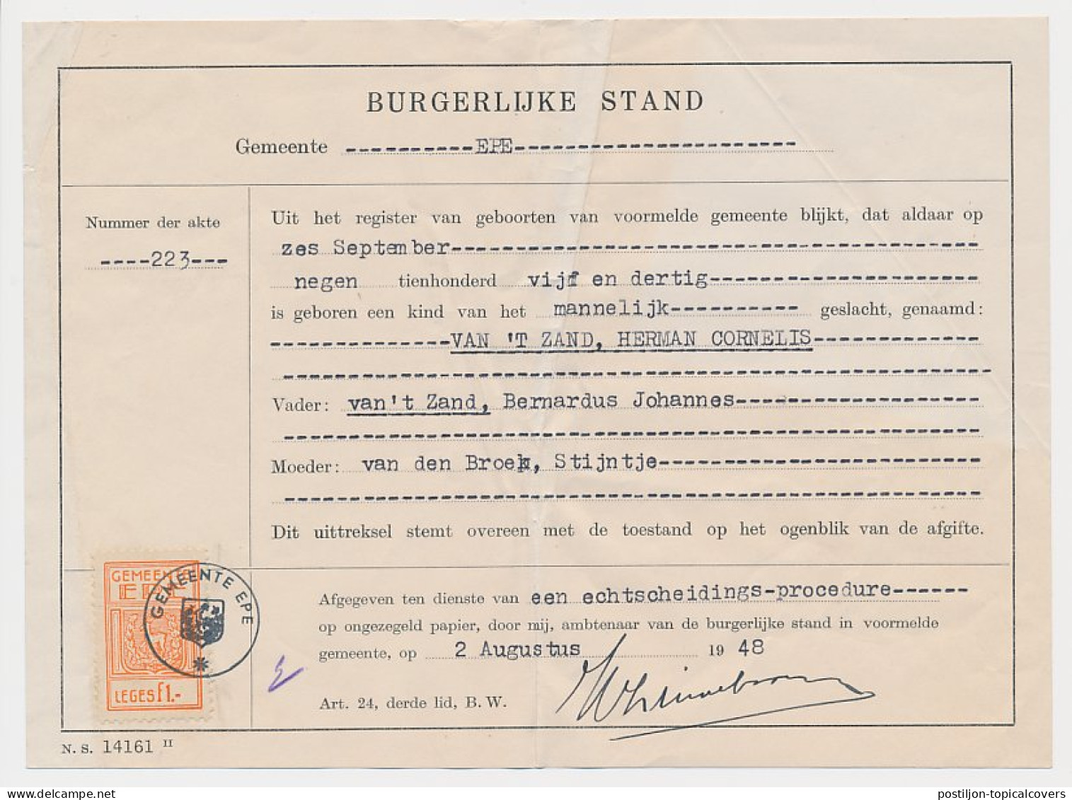 Gemeente Leges F 1.- Epe 1948 - Revenue Stamps