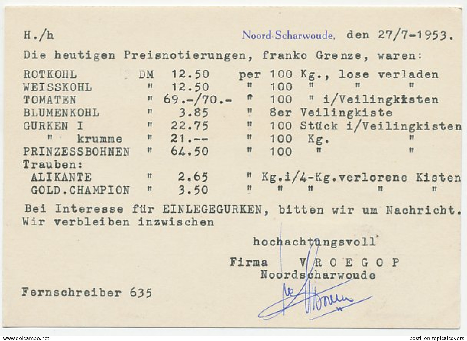 Firma Briefkaart Noord Scharwoude 1953 - Firma Vroegop - Non Classés