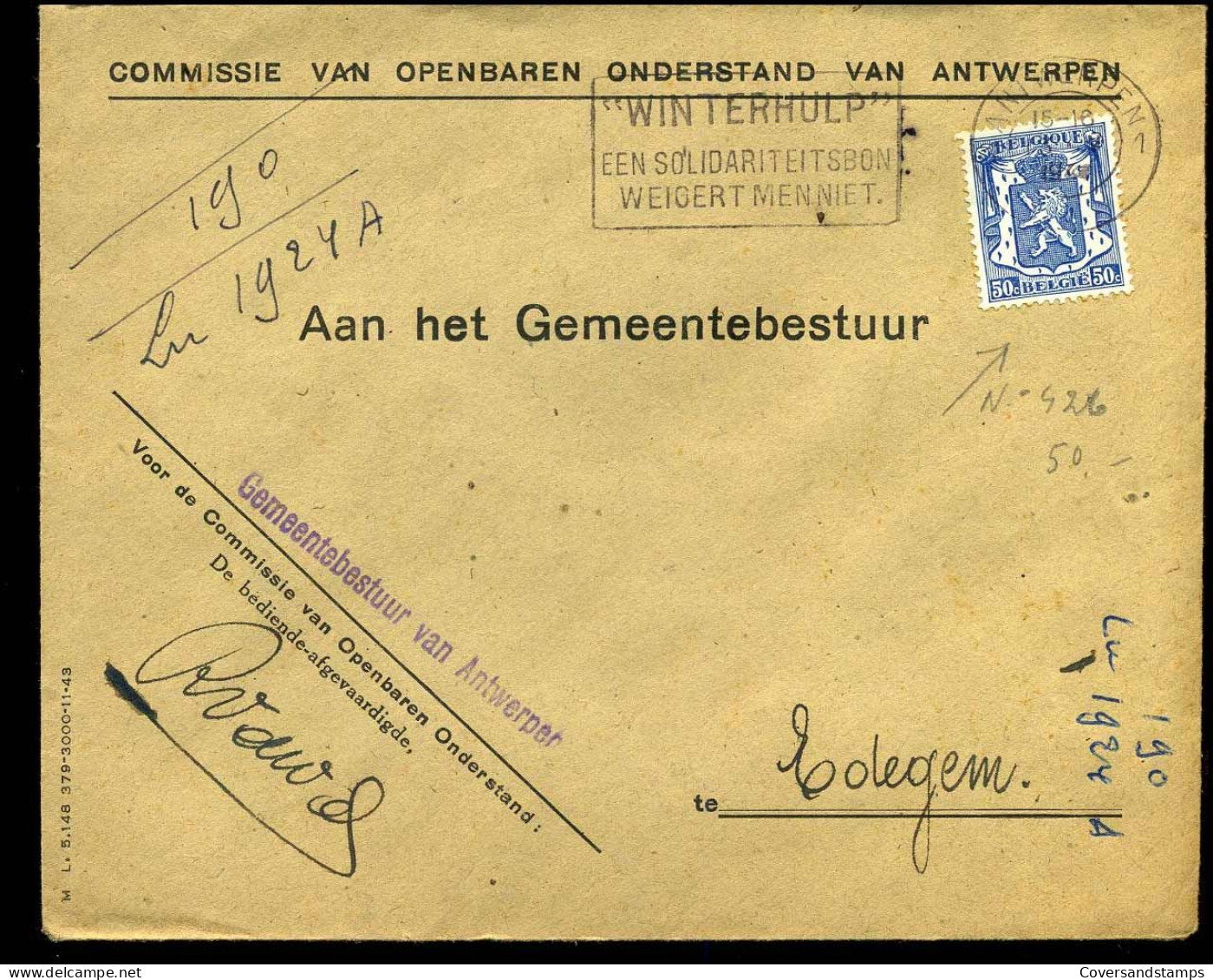 Cover Naar Edegem - "Commissie Van Openbaren Onderstand Van Antwerpen" - 1935-1949 Small Seal Of The State
