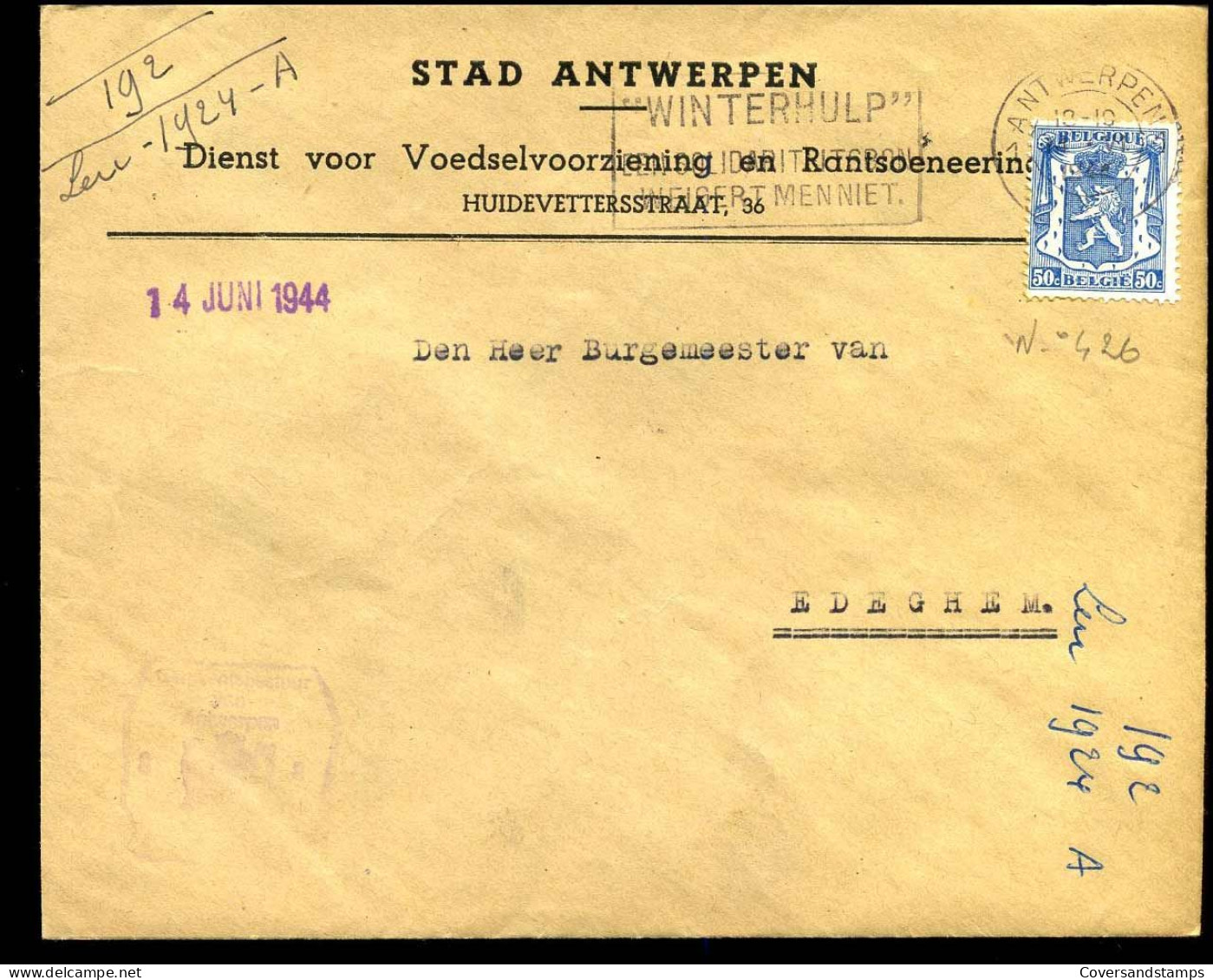 Cover Naar Edegem - "Dienst Voor Voedselvoorziening En Rantsoeneering, Antwerpen" - 1935-1949 Small Seal Of The State