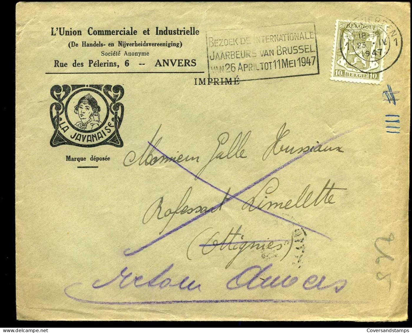Cover Naar Ottignies - 'L'Union Com. Et Industrielle, Anvers"  -- La Javanais -- Terug Aan Afzender/Retour .. - 1935-1949 Small Seal Of The State