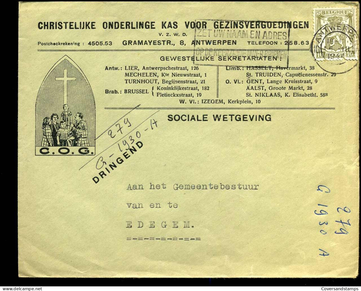 Cover Naar Edegem - "Christelijke Onderlinge Kas Voor Gezinsvergoedingen, Antwerpen" - 1935-1949 Small Seal Of The State
